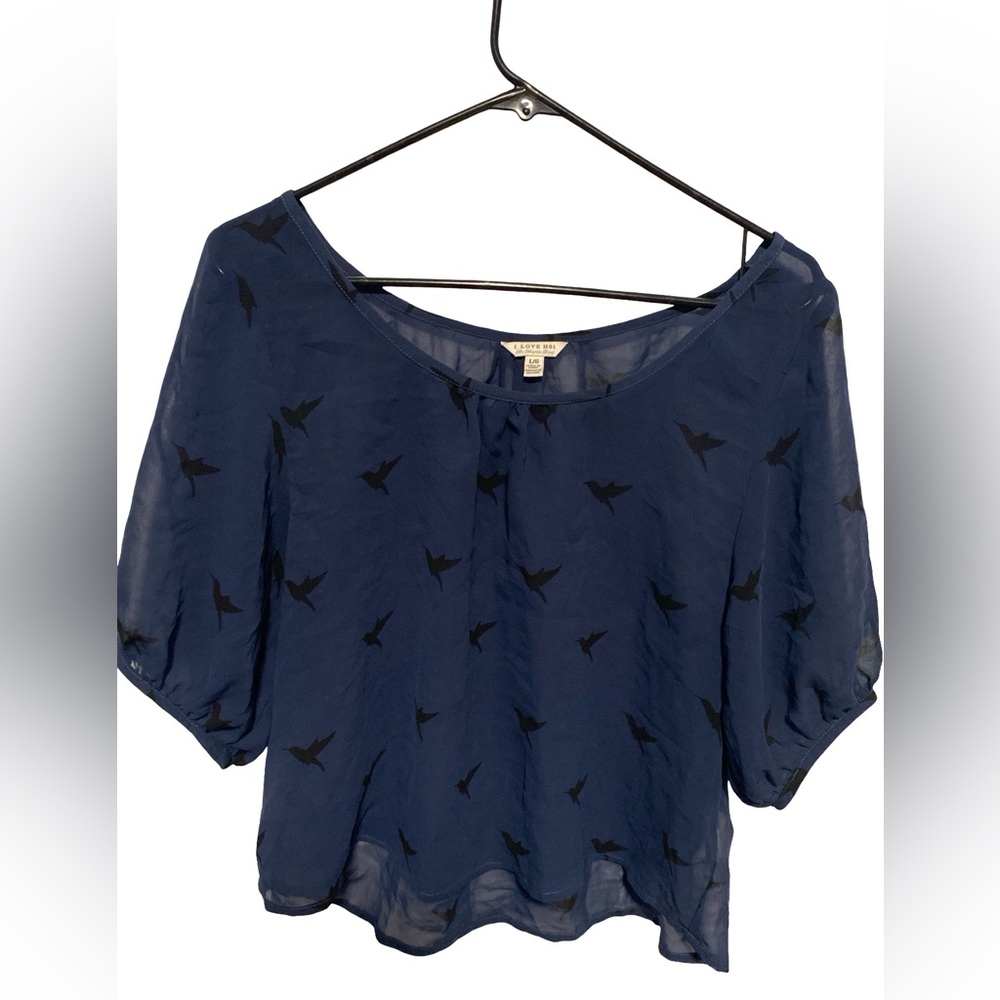 Forever 21 Blue Sheer Bird Print Blouse Lightweight Short Sleeve Flowy Top Large
